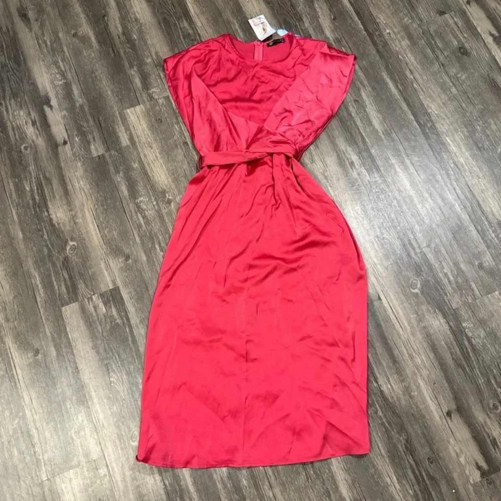 PrettyGarden Women's  Satin Midi Dress Cap Sleeve Tie Waist Elegant A-Line Flowy - Picture 9 of 11